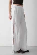 White 100% Cotton Trousers with Side Slit and Tie Detail