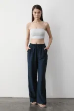 Navy Blue Wide Leg Trousers with Elastic Waistband