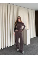 Kahverengi Kayık Yaka Modal İkili Takım - 7323