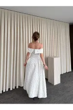 Ekru Madonna Yaka Puantiyeli Midi Elbise - 00888