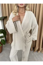 Stone Detailed Side Tie Linen Kimono Set