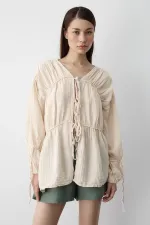 Natural 100% Cotton Muslin Shirt with Elasticated Sleeves
