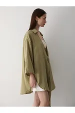 Haki Flam Keten Kimono Gömlek