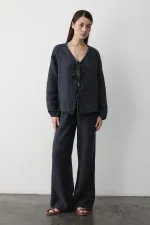 Antrasit %100 Pamuk Bağlamalı Bluz Pantolon Takım