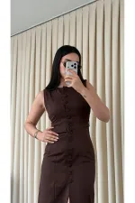 Kahverengi Düğmeli Kemerli Gabardin Elbise - 5002