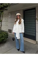 Beyaz Gold Düğmeli Şallı Ceket - 9721