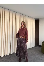 Kahverengi Piliseli Beli Lastikli Kemerli Etek - 3375