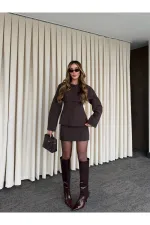 Kahverengi Düğmeli Pileli Ceket Etek Takım - 30422