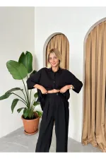 Ensemble deux pièces chemise et pantalon en lin noir