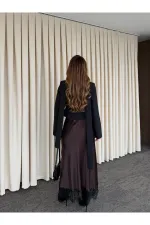 Kahverengi Puantiyeli Saten Etek Ucu Dantelli Etek - 50228