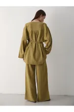 Haki Çok Düğmeli %100 Pamuk Gömlek Pantolon Takım