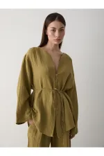 Haki Çok Düğmeli %100 Pamuk Gömlek Pantolon Takım