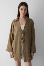Olive %100 Keten Bağcık Detaylı Kimono Bluz - 5218