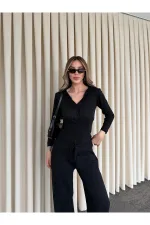 Siyah Dantelli İkili Triko Takım - 2602