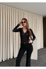 Pantalon noir à jambes larges style espagnol - 1404