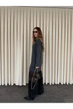 Antrasit Tül Detaylı Uzun Triko Elbise - 251009