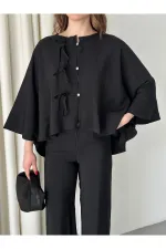 Black Batwing Sleeve Set with Lace-up Button Detail
