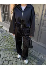 Siyah Bomber Saten Ceket Pantolon Takım - 9663 - 51229