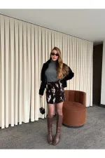 Kahverengi - Beyaz Flok Baskılı Etek - 261002