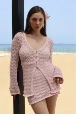 Ensemble cardigan et jupe à boutons en perles roses - 7221