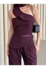 Mürdüm Tek Omuz Tasarım Yaka Bluz Pantolon Takım - 8003