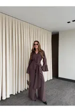 Brown Blouse and Pants Set with Ruffled Sleeves - 0812 Brown Blouse and Pants Set with Ruffled Sleeves - 0812