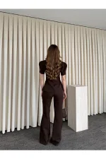 Kahverengi Balon Kol Düğmeli Ceket Pantolon Takım - 0440