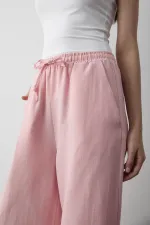 Pantalon rose en coton et lin avec taille élastique