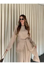 Bej Kuşaklı Dantel Detaylı Bluz Pantolon Takım - 8006