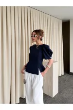 Lacivert Kolu İnci Fiyonk Detaylı Bluz - 5001