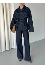 Navy Blue Tie-Up Denim Jacket and Pants Set