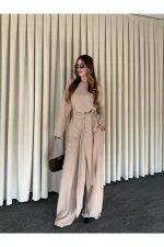 Bej Kuşaklı Dantel Detaylı Bluz Pantolon Takım - 8006