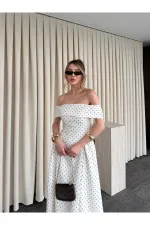 Ekru Madonna Yaka Puantiyeli Midi Elbise - 00888