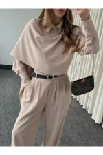 Bej Kemerli Şal Yaka Gömlek Pantolon Takım - 8004