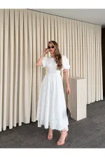 Beyaz %100 Pamuk Sırtı Açık Fisto Elbise - 8235