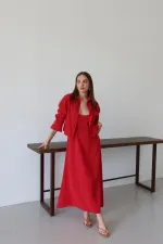 Kırmızı Modal Gömlek Elbise Takım