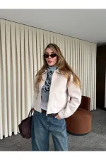 Stone Embellished Suede Jacket with Zipper - 00664