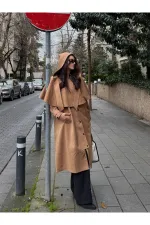 Camel Çıkarılabilir Kapüşon Detaylı Pelerinli Trençkot - 85179
