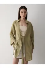 Haki Flam Keten Kimono Gömlek