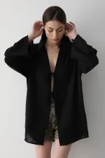 Black 100% Cotton Linen Kimono Blouse with Lace Detail
