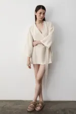 Natural Yarım Kol İçten Kemerli Kimono - 5383