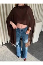 Kahverengi Muadil Tasarım Triko Pelerin Şal - 5241