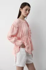Pink 100% Cotton Muslin Shirt with Elasticated Sleeves Pink 100% Cotton Muslin Shirt with Elasticated Sleeves