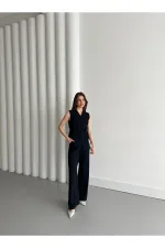 Ensemble gilet et pantalon bleu marine croisé