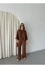 Ensemble chemisier et pantalon marron avec détails de surpiqûres au col - 9002