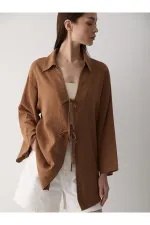 Coffee 100% Cotton Linen Kimono Blouse with Lace Detail