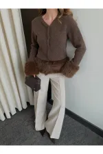 Kahverengi Kolları Kürklü Hırka - 251104