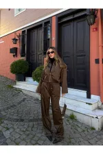 Kahverengi Bomber Saten Ceket Pantolon Takım - 9663 - 51229