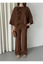 Brown Batwing Sleeve Suit with Lace-up Button Detail