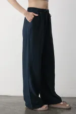 Navy Blue Wide Leg Trousers with Elastic Waistband